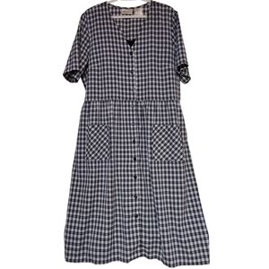 VTG Kathie Lee Blue White Check Dress Womens 18W Back Tie, Pockets, Full Length